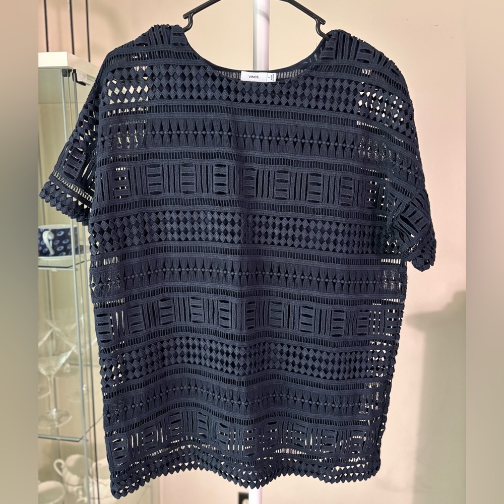 Vince Navy Lace Crochet Tee sz S oversized - Picture 2 of 9